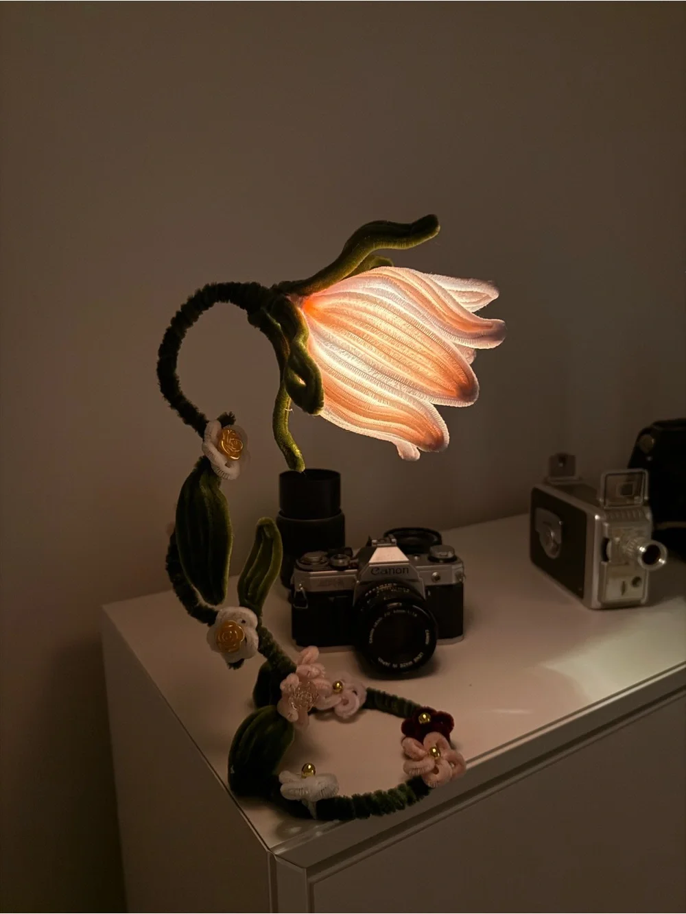Enchanted Garden Table Lamp – Handmade Fuzzy Wire Flower Light